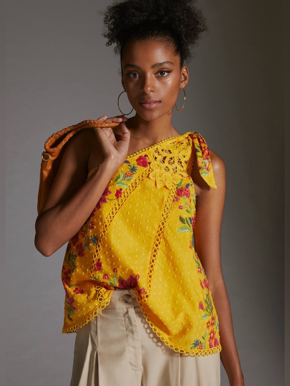 FARM Rio Yellow Floral One Shoulder Embroidered Cotton Top XS Boho Tropical